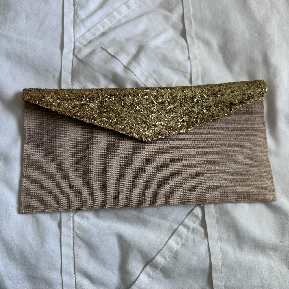 Gold Sequin Tan Envelope Clutch Bag Cheetah Lining